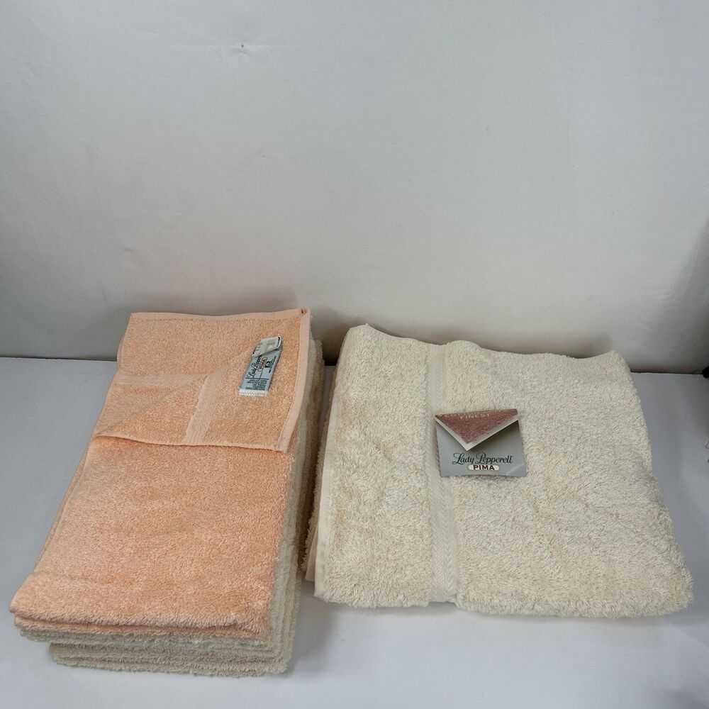 80’s Lady Pepperell Pima Cotton Bath Hand Towel Set Of 6 Peach Yellow Vtg NOS